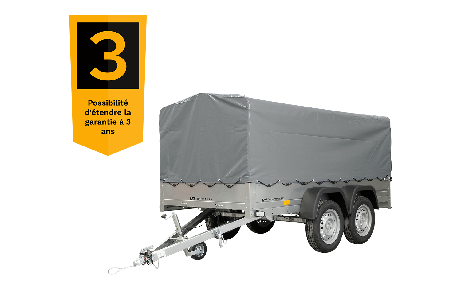 UNITRAILER 264/2 KIPP DOPPELAGS-ANHÄNGER MIT STÜTZRAD, ÜBERROLLBÜGEL UND GRAUER PLANE
